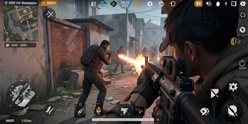 Screenshot gameplay <strong>888IDR</strong> menampilkan aksi menegangkan di medan perang FPS.