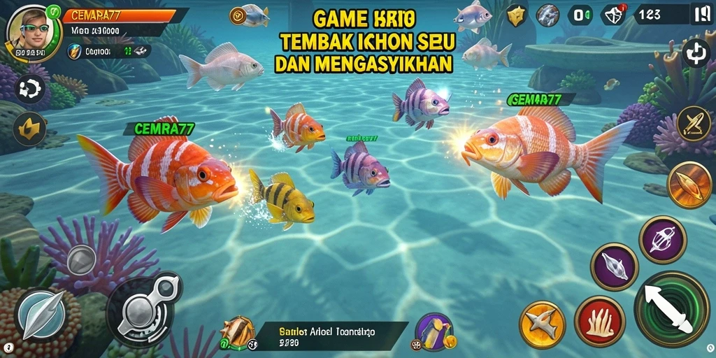 Tampilan gameplay seru di CEMARA77, menangkap ikan dengan senjata.