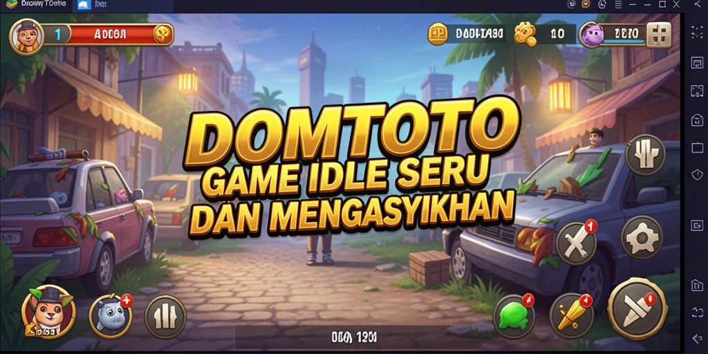 Tampilan gameplay DOMTOTO yang menampilkan kemajuan dan karakter upgrade.