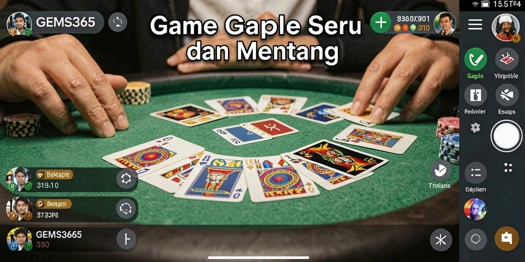 Screenshot GEMS365 menampilkan gameplay Gaple yang seru dan interaktif.