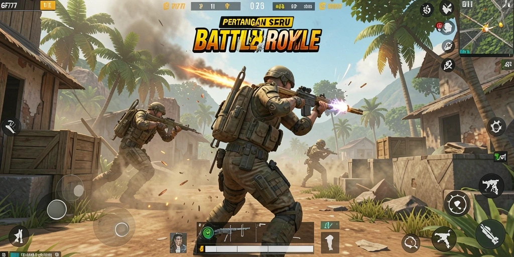 Tangkapan layar GF777 menampilkan aksi Battle Royale yang mendebarkan.