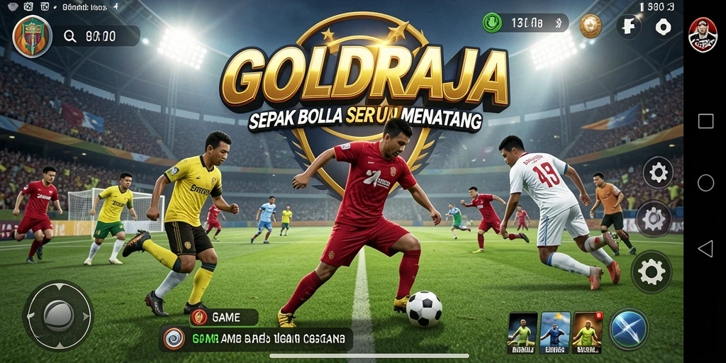 Screenshot gameplay GOLDRAJA yang menampilkan aksi sepak bola seru.