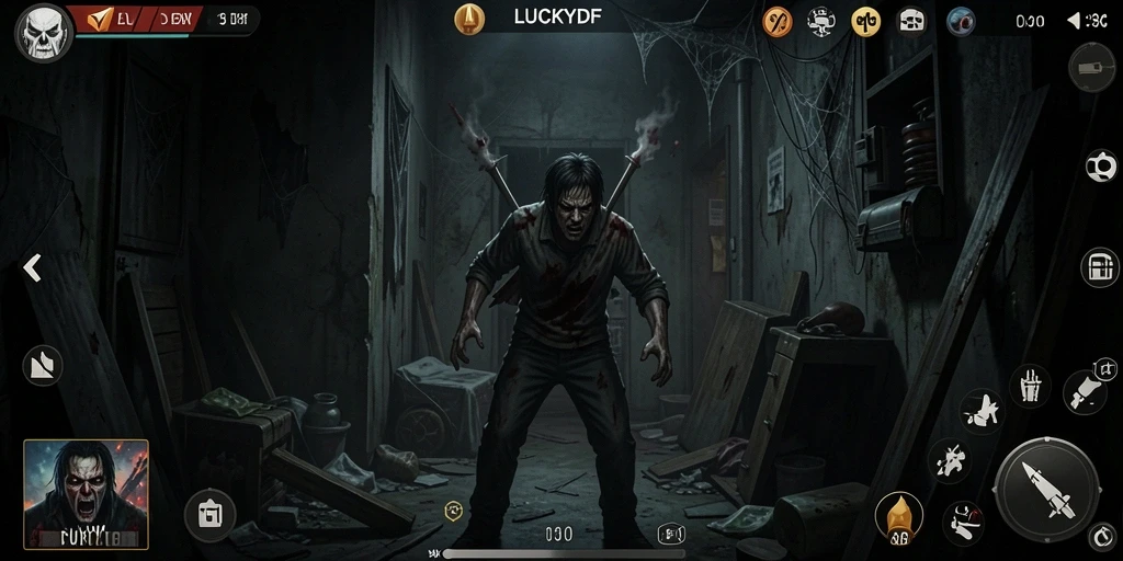 Screenshot LUCKYDF menampilkan suasana mencekam dalam gameplay.
