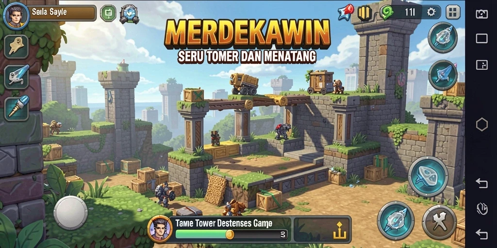 Screenshot gameplay <strong>MERDEKAWIN</strong> menunjukkan strategi Tower Defense yang seru.