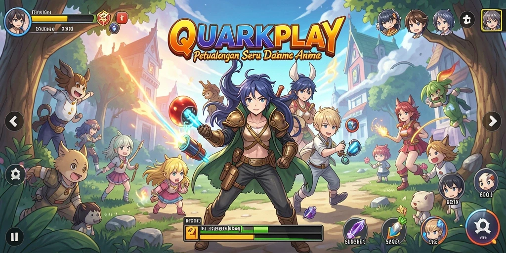 Screenshot utama QUARKPLAY menampilkan karakter anime dan gameplay interaktif yang seru.