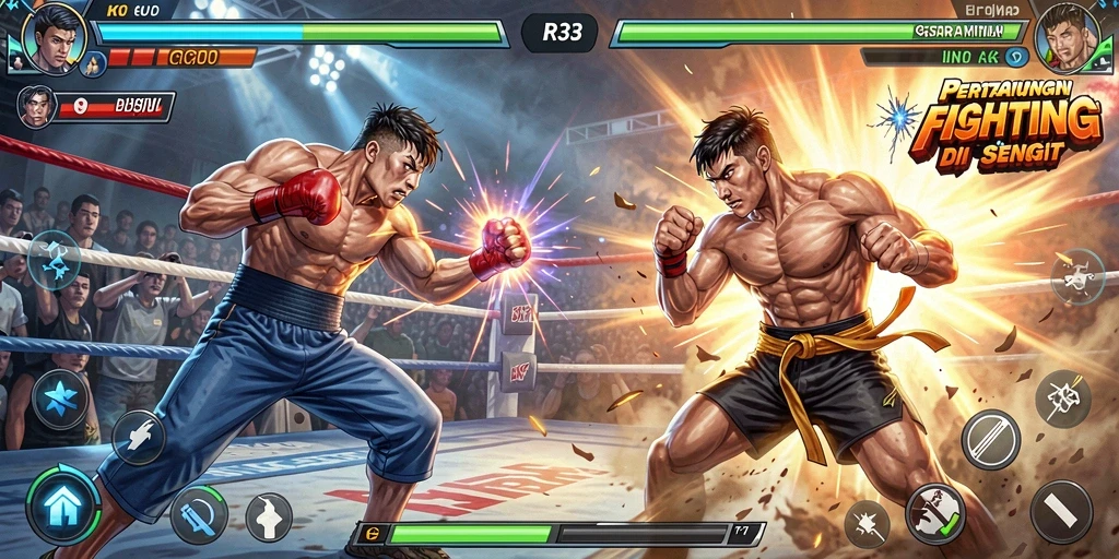 Screenshot gameplay RR33 yang menunjukkan pertarungan dinamis dan karakter berwarna-warni.