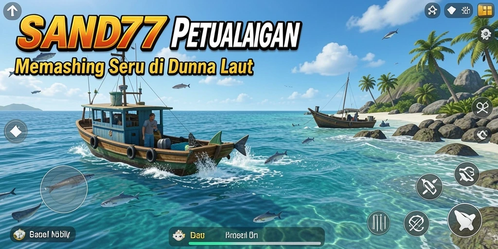 Tampilan gameplay SAND77 yang penuh aksi saat memancing ikan.
