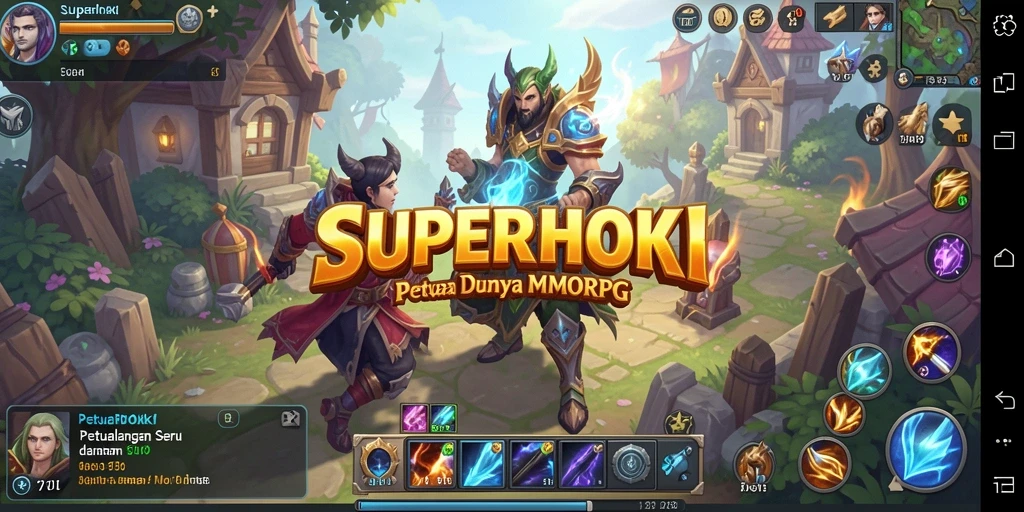 Tangkapan layar gameplay SUPERHOKI menampilkan pertempuran seru di dunia fantasi.