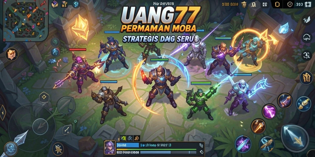 Tampilan aksi seru dalam UANG77 dengan gameplay MOBA yang mengesankan.